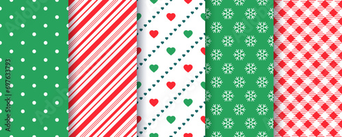 Christmas backgrounds. Seamless patterns. Set holiday textures with polka dots, candy cane stripes, snowflake and plaid. Red green Xmas New year prints. Festive wrapping paper. Vector illustration