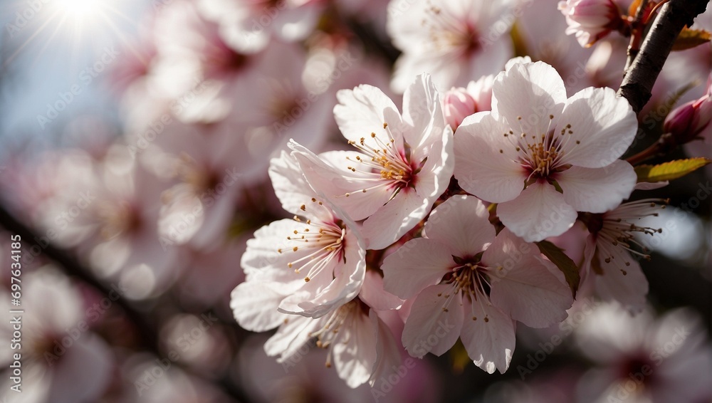 Cherry blossom in close-up. Beautiful delicate spring flowers. The flower is sakura. Flowers for postcards, greetings, weddings, holidays. Flowers in close-up with rays of light. Nature wallpaper.