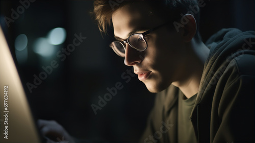 Scholarly Focus: Young Man with Glasses Immersed in Laptop Work