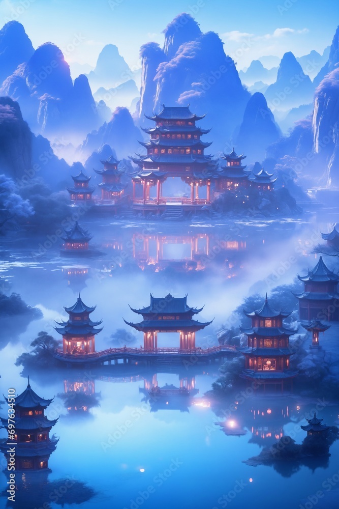 Fototapeta premium Chinese fantasy ancient style ancient architectural wallpaper