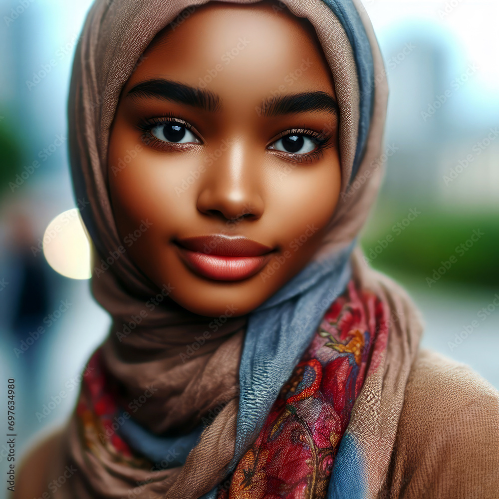 Portrait of a Muslim woman wearing a headscarf on a blurry, defocused background. Portrait of a Muslim woman wearing a headscarf on a blurry, defocused background.
