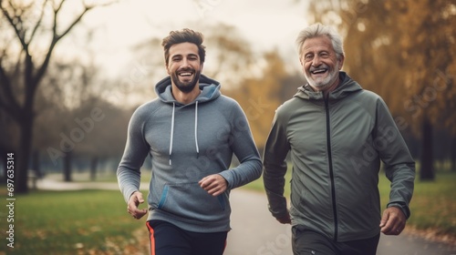 Happy mature father with son talking running outdoor on a bright day. healthcare after retirement concept.