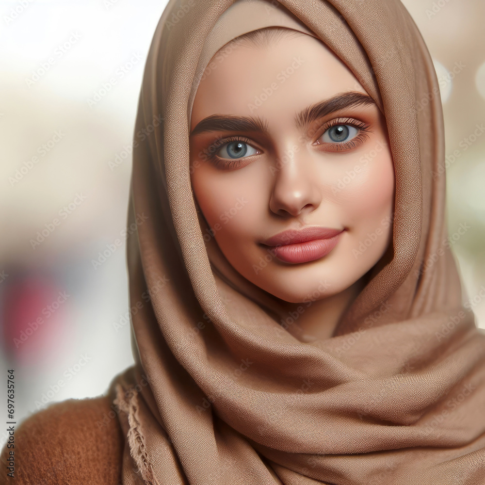 Portrait of a Muslim woman wearing a headscarf on a blurry, defocused background. Portrait of a Muslim woman wearing a headscarf on a blurry, defocused background.