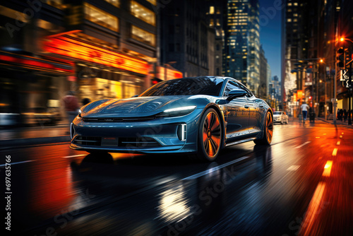 A sleek sports car captured in motion on a vibrant city street at dusk with urban lights reflecting on its polished surface. © apratim