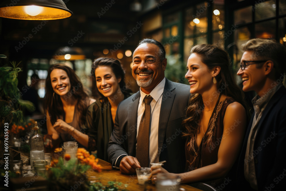 A group of cheerful friends enjoying a social gathering at a sophisticated restaurant in the evening.