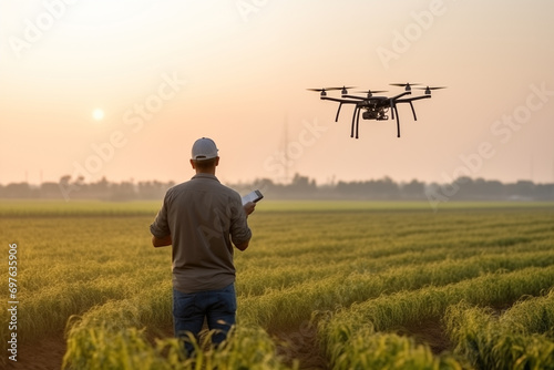 Farmer controls drone with a tablet. Smart farming and precision agriculture..