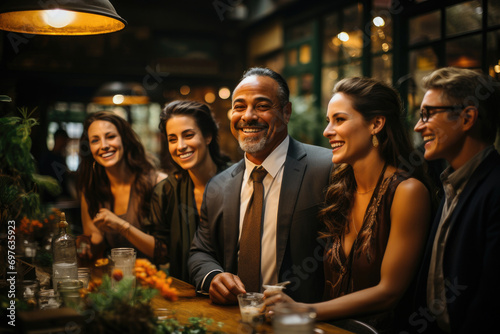 A group of cheerful friends enjoying a social gathering at a sophisticated restaurant in the evening.