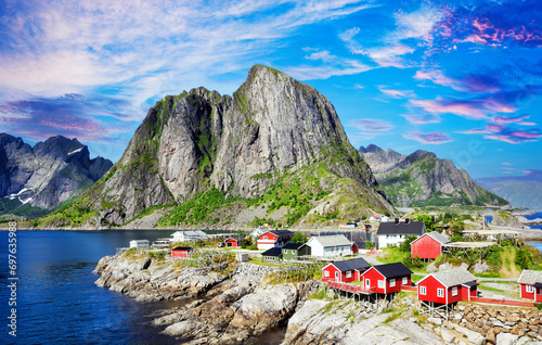 Lofoten Summer Landscape Lofoten is an archipelago in the county of Nordland, Norway. Is known for a distinctive scenery with dramatic mountains and peaks
 photo