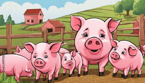A cartoon pig family posing for a picture