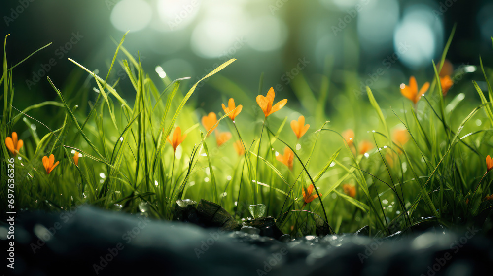 Nature Harmony, Green Grass and Orange Flower - A Vibrant Symphony on Natural Canvas.