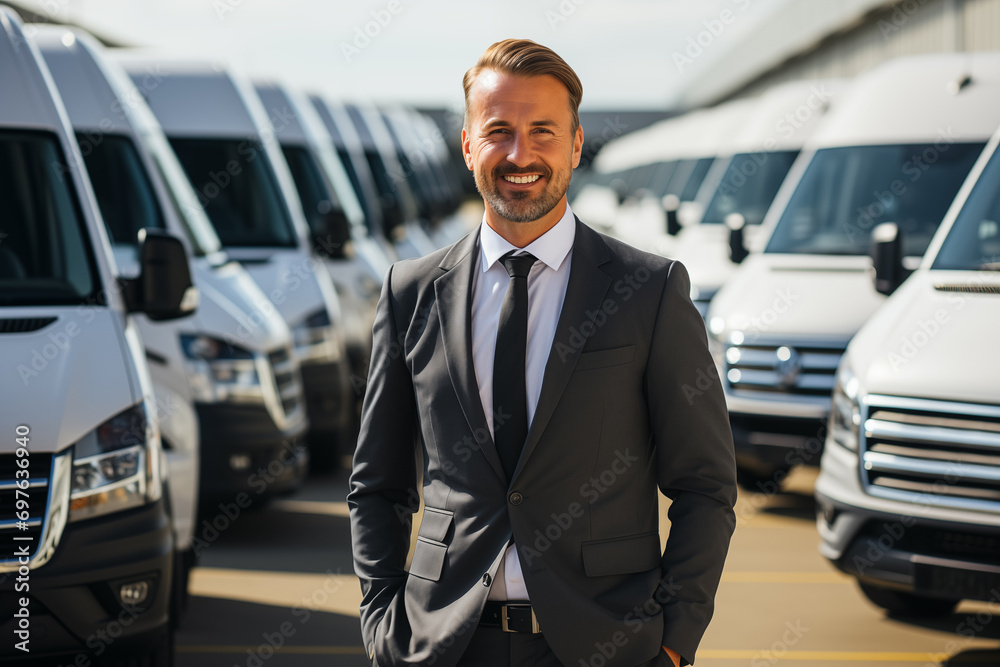 Businessman on the background of vans. Fleet management Businessman on the background of vans. Fleet management