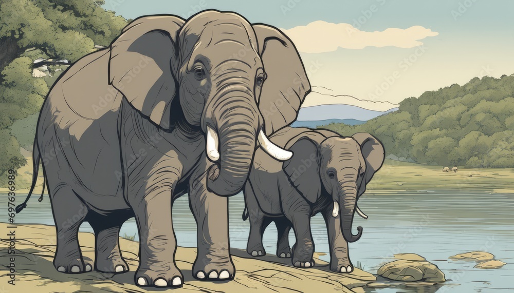 Fototapeta premium A family of elephants walking by a river