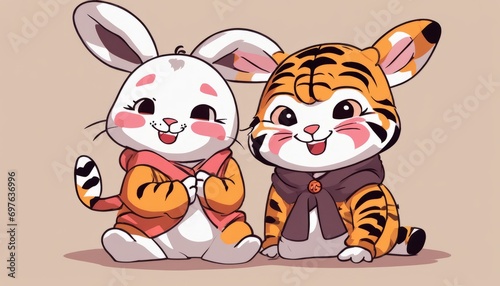 Two cartoon animals wearing clothes