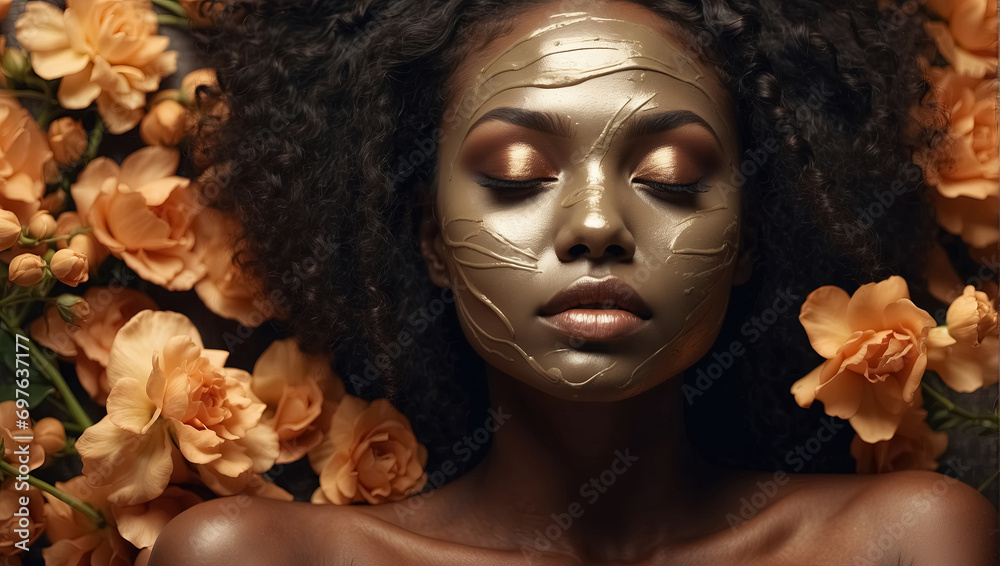 beautiful african american woman with mask on face and flowers. Generative Ai