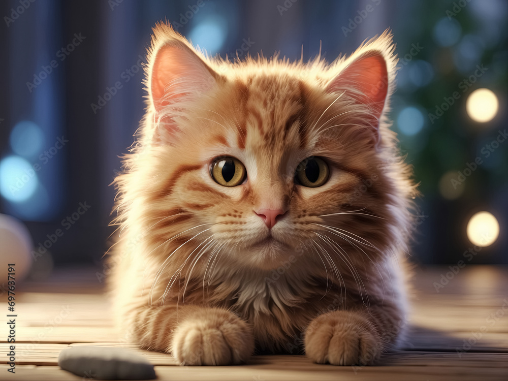 Cute ginger cat lying on wooden floor and looking at camera. Generative Ai