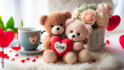 Couple teddy bears, sitting and hugging hearts, Valentine's Day