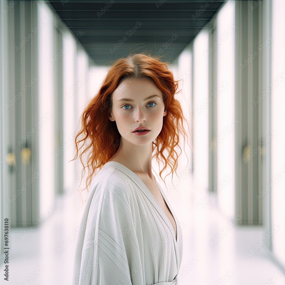 captivating portrait of a red haired young woman wearing a white kimono standing in an empty long hallway