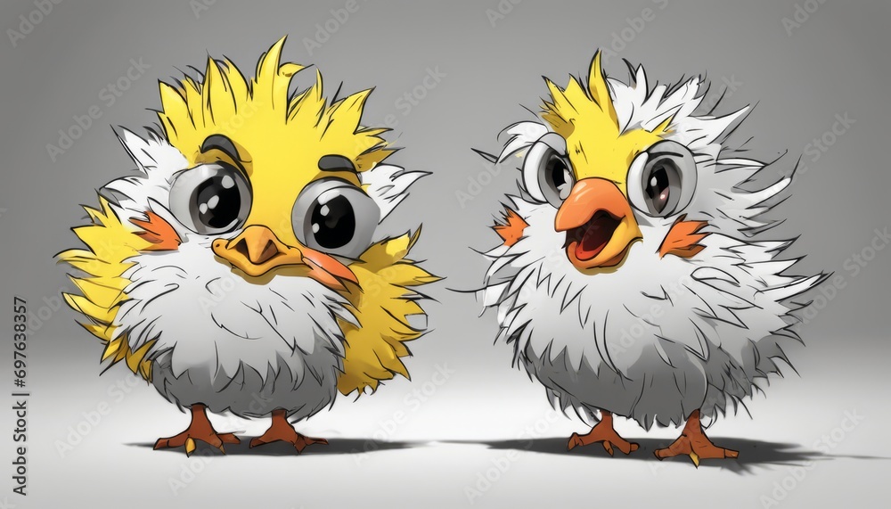 Fototapeta premium Two yellow and white chicks with big eyes and hair