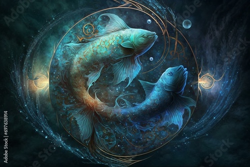 Pisces zodiac, mystical fish, cosmic light. Generative AI photo