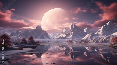 Digital art of a snowy mountain landscape with a setting sun and large moon. Pink and purple sky reflects in still water, casting a warm glow on snowy peaks