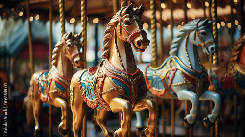Carousel horses in a merry-go-round.