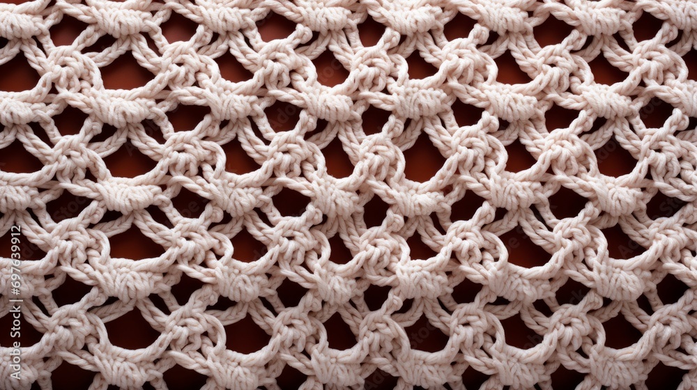 Delicate threads intertwine to form a mesmerizing doily pattern, reminiscent of a cozy crochet motif on this intricate knitted fabric Delicate threads intertwine to form a mesmerizing doily pattern, reminiscent of a cozy crochet motif on this intricate knitted fabric