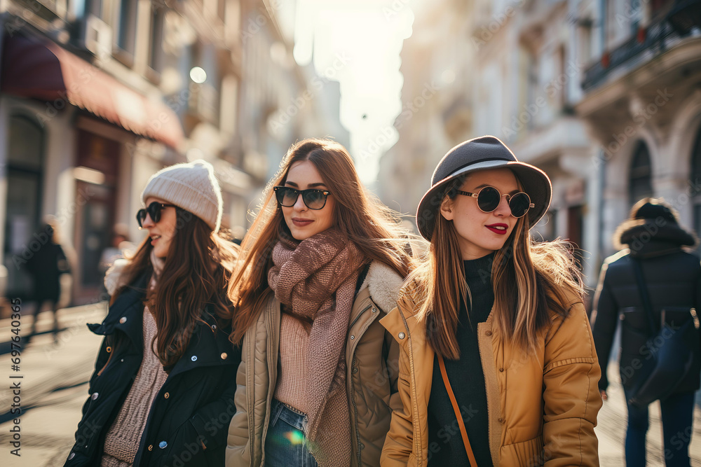 Portrait of women wearing casual clothes walking in European city in the winter, candid, friends, sunny