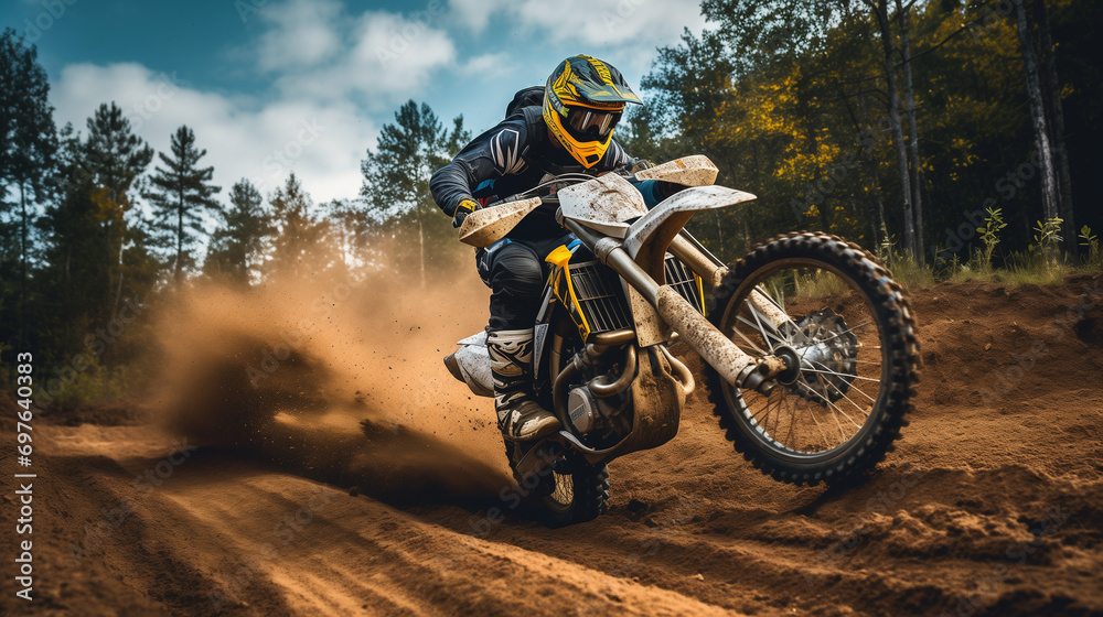 Sports banner background photo of an active motocross bike rider riding and taking a jump with his motor bike on an outdoor track with dust  