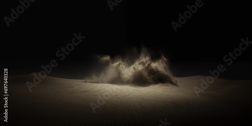 desert sand surface - black background - sand in the wind - windy sand burst on the sand surface - empty night desert landscape - fantasy dark background