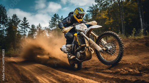Sports banner background photo of an active motocross bike rider riding and taking a jump with his motor bike on an outdoor track with dust   photo