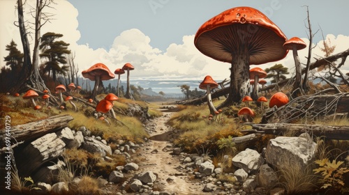 A whimsical landscape painting capturing the enchanting allure of a dirt road lined with vibrant mushrooms, nestled beneath a vast sky and surrounded by lush plants, towering trees, and rugged rocks photo