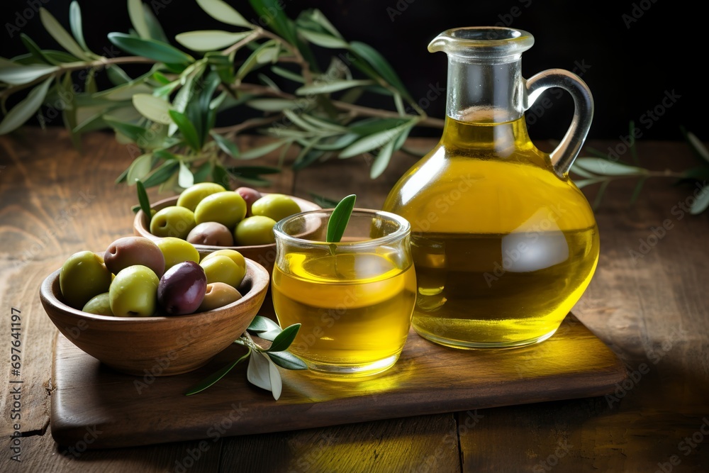 olive oil glass bottle and olive branch with fresh green olives on the wooden table
