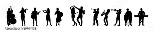 A couple dancing accompanied by music played by a group of musicians in party vector silhouettes. photo