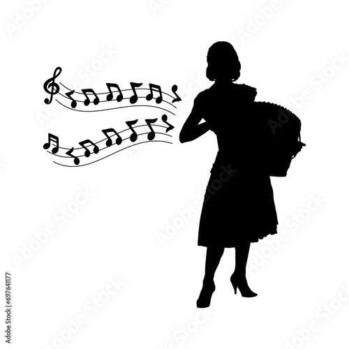 Young woman playing accordion with musical notes symbol vector silhouette.