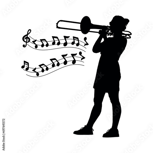 Female musician playing trombone with musical notes symbol vector silhouette.
