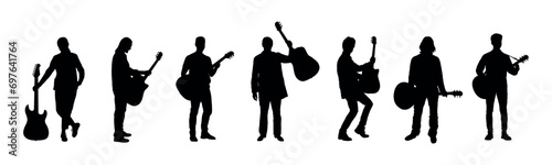 Silhouettes set of group of musicians playing acoustic and electric guitars.