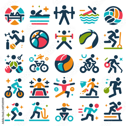 A set of simple and modern icons, each representing different aspects of fitness and sports, with vibrant colors.