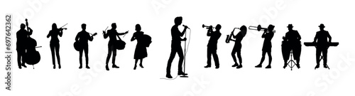 Man singing accompanied by music played by a group of musicians vector silhouettes set.
