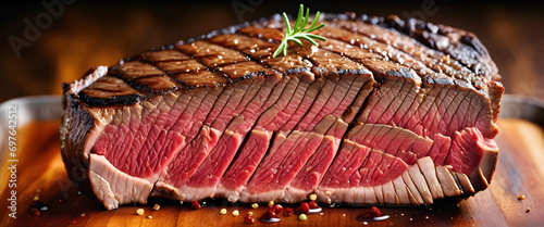 Grilled medium rare steak, close-up of cross section. Generative Ai
 photo