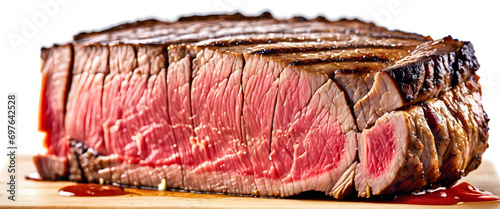 Close up of cut side of grilled medium rare steak. Generative Ai photo