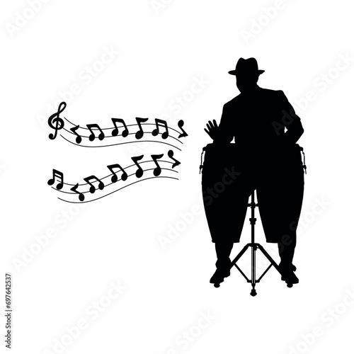 Musician hitting congas hand drums with musical notes vector black silhouette.