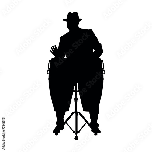 Musician hitting conga drums vector silhouette.