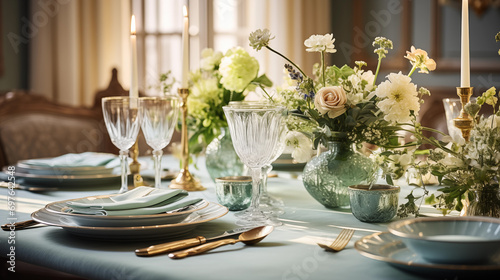 Dining Table Cutlery Setup Party Alfresco Close view on sophisticated table arrangement featuring green ribbed plates and golden cutlery on soft blue tablecloth. Accentuated by vintage style glass and