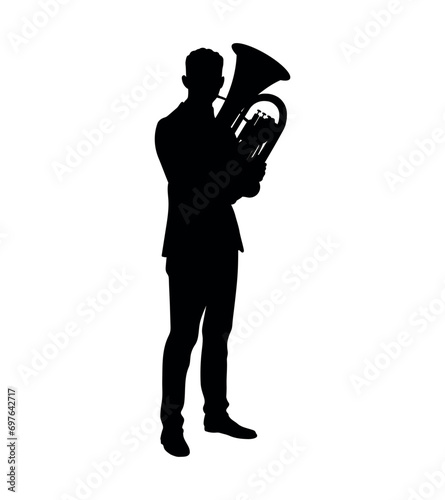 Musician standing and playing tuba musical instrument black silhouette.