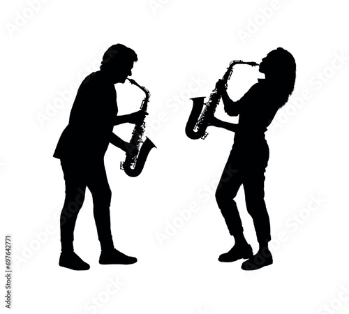 Senior and young women playing saxophones together vector silhouettes. Two female musicians playing saxophones jamming together silhouette.