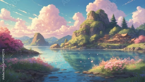 "Serenity in Motion: Vibrant Animated Archipelago with Pastel Hues and Lush Biomes