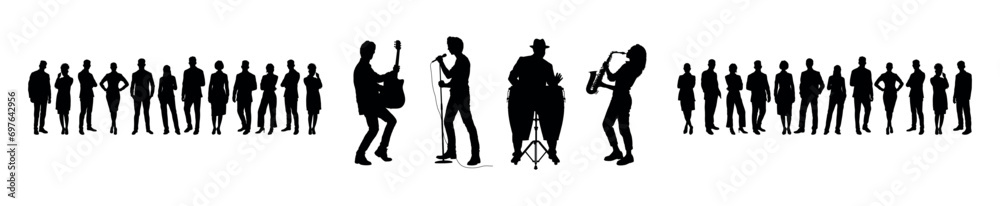 Street musicians playing various instruments in front of group of audience crowd in public silhouettes. Music band performing a public outdoor concert vector black silhouette. Street musicians playing various instruments in front of group of audience crowd in public silhouettes. Music band performing a public outdoor concert vector black silhouette.