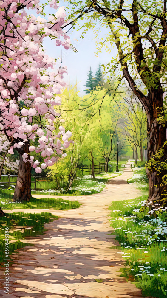 The romantic alley of the spring park, strewn with flowers and green foliage The romantic alley of the spring park, strewn with flowers and green foliage