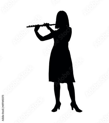 Portrait of woman musician playing flute black silhouette. Female flutist playing flute isolated over white background vector silhouette.