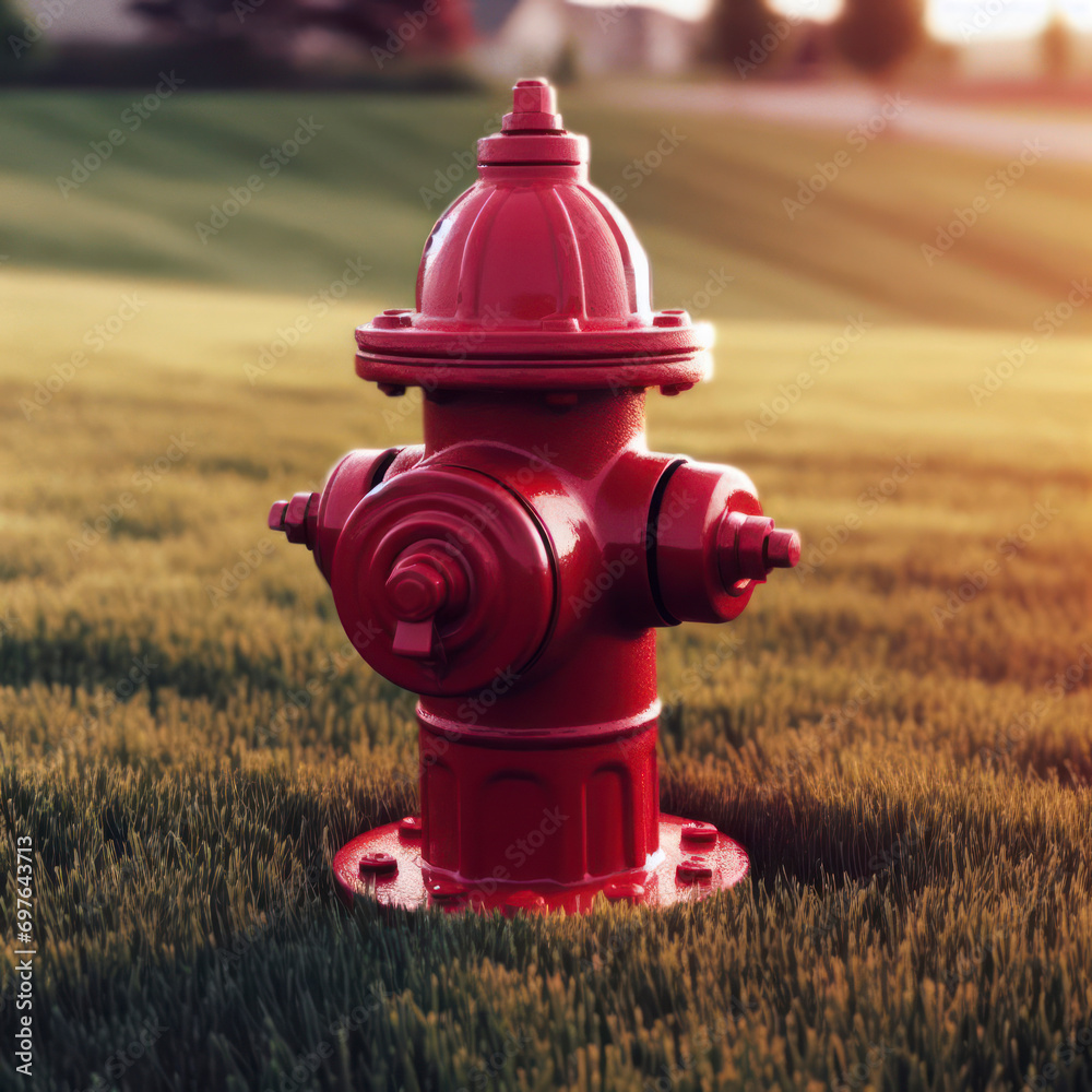 Bright red isolated fire hydrant sits in a freshly cut grass field. ai generative